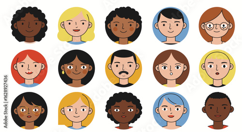 Collection of diverse people face icons. A multicultural character avatar set for a social network or teamwork concept.