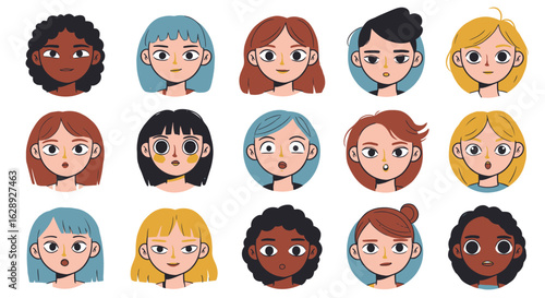 Diverse set of women's faces. Collection of female cartoon character portraits for user profiles or avatars. Vector illustration of multicultural girls.