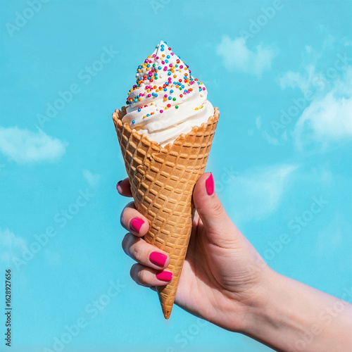 Vanilla Ice Cream Cone with Rainbow Sprinkles Woman's Hand Holding against Blue Sky