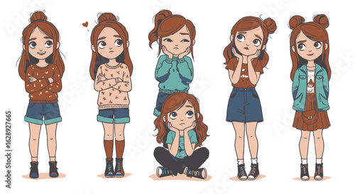 Set of hand-drawn teenage girl illustrations. Cute female character in various poses, expressing different moods and feelings.