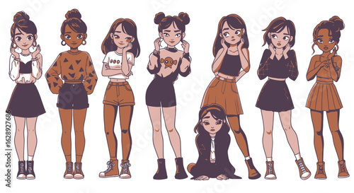 A collection of diverse cartoon young women in stylish outfits. Set of trendy female characters in different poses, representing youth and friendship concept.