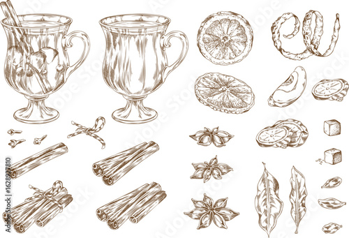 Monochrome mulled wine set: glasses, orange slices, zest, apple, ginger, cinnamon stick, cloves.