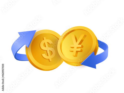 3d golden coins with dollar and yen sign, transfer arrows, isolated on white background. Currency exchange icon concept in 3d vector illustration. Vector illustration