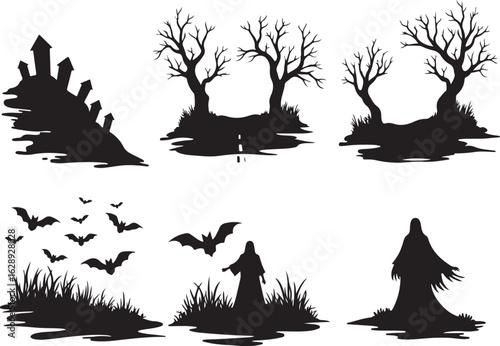 Spooky Halloween silhouettes with haunted house, bare trees, and ghostly figures