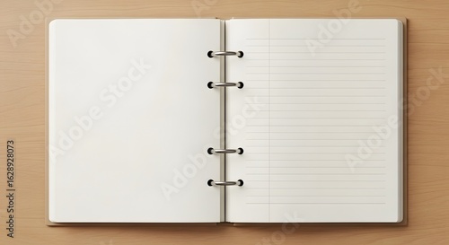 Wallpaper Mural A close-up of an open blank notebook on a wooden surface, presenting a clean, neutral background with a focus on stationery and natural textures. This creates a simple yet effective visual. Torontodigital.ca