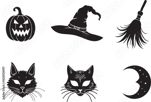 Spooky Halloween icons pumpkin witch hat broom black cats moon festive