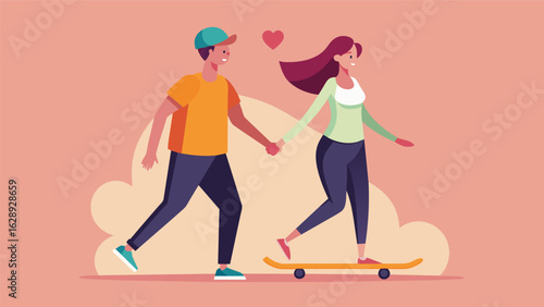 A couple holding hands riding side by side on their skateboards enjoying the simple of being together.. Vector illustration