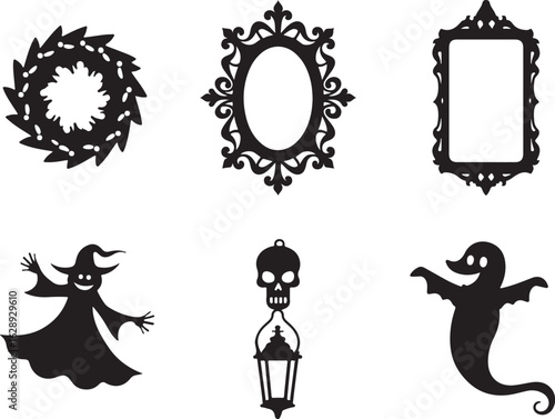 Spooky Halloween silhouettes witch ghost skull lantern ornate frames