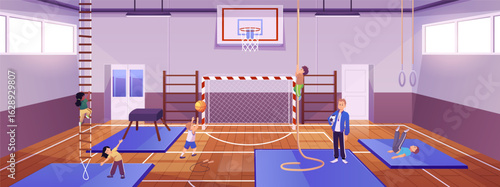 School gym interior, students with teacher, mats, rope, gates, basketball hoop, stairs.