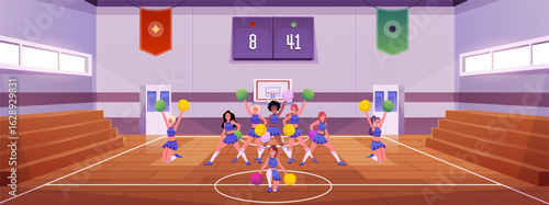 School gym, interior, cheerleader performance, wooden stands, scoreboard, windows, door, marking.