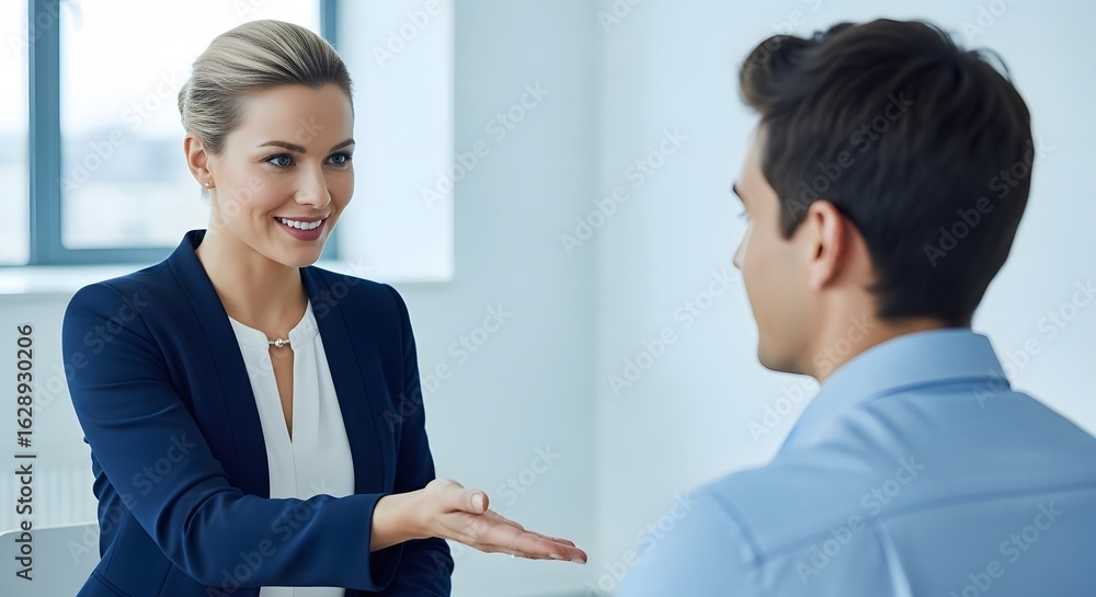 Smiling woman in blazer speaks to a man in light blue shirt in front of window. Interior is bright with soft lighting. Focus on the woman, showcasing a professional, positive interaction. Smiling woman in blazer speaks to a man in light blue shirt in front of window. Interior is bright with soft lighting. Focus on the woman, showcasing a professional, positive interaction.