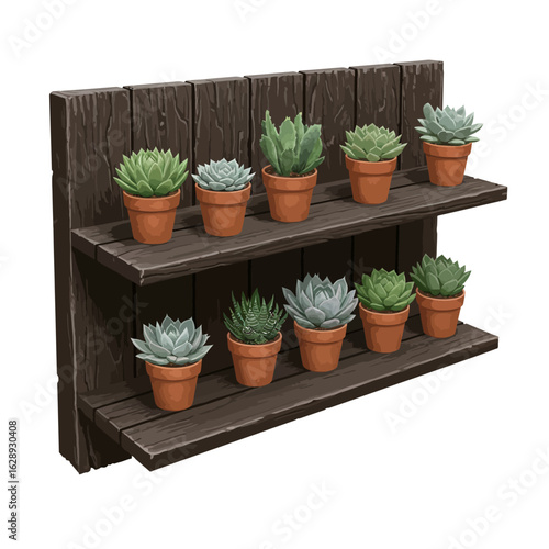 Succulent Plants in Terracotta Pots on a Rustic Wooden Shelf Display
