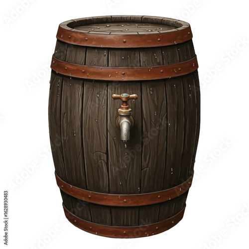 Wooden Barrel with Metal Tap and Bands, Dark Wood Grain Texture