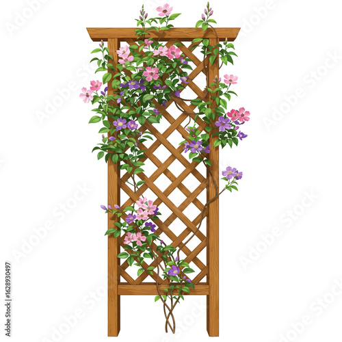 Wooden Garden Trellis with Pink and Purple Climbing Flowers Illustration