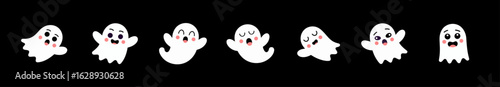 Set of cute white Halloween ghost characters with different facial expressions and poses, flat cartoon vector illustration, black background, for stickers, clipart, or festive decoration
