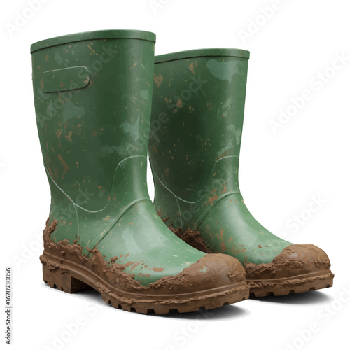 Pair of Green Rubber Rain Boots Covered in Mud, Outdoor Footwear