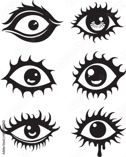 Six stylish black eye icons with unique lash designs and expressive pupils