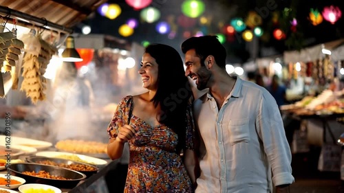 Happy young latin american couple exploring a street food market on a date night