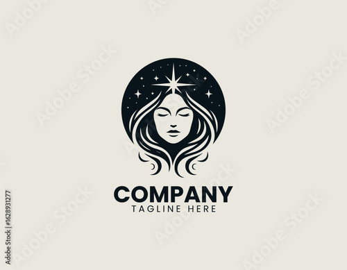 Serene portrait of a beautiful woman with closed eyes and a glowing star above her head. Spiritual and Wellness concept