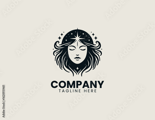 Serene portrait of a beautiful woman with closed eyes and a glowing star above her head. Spiritual and Wellness concept