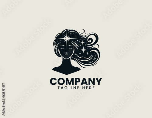 Serene portrait of a beautiful woman with closed eyes and a glowing star above her head. Spiritual and Wellness concept