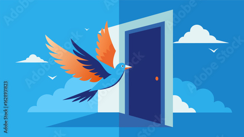 A bird soaring through an open door symbolizing the weight being lifted off ones shoulders and finding relief from the heaviness of depression..