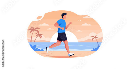 Man in Blue Shirt Running on Beach Illustration