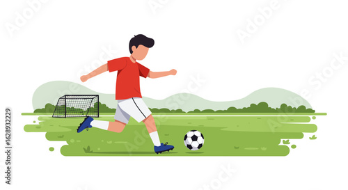 Soccer Player Kicking Ball, Red Shirt, White Shorts, Blue Cleats