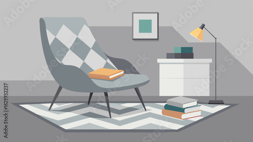 A modern study nook with a sleek gray lounge chair a soft knitted throw and a geometric patterned rug providing a calming and stylish place to study..