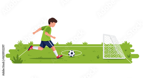 Boy in Green Jersey Kicking Soccer Ball on Grass Field