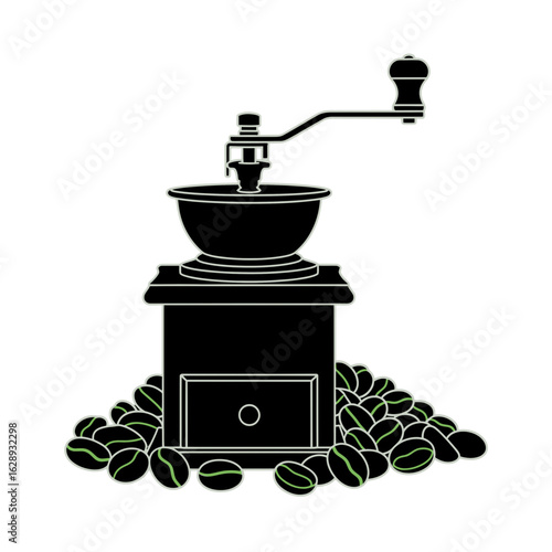 Silhouette of a vintage manual coffee grinder with coffee beans.