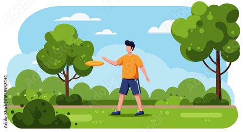 Man Throwing a Frisbee in a Park, Wearing Orange Shirt