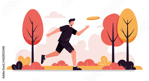 Man Running to Catch a Flying Disc in a Park Illustration