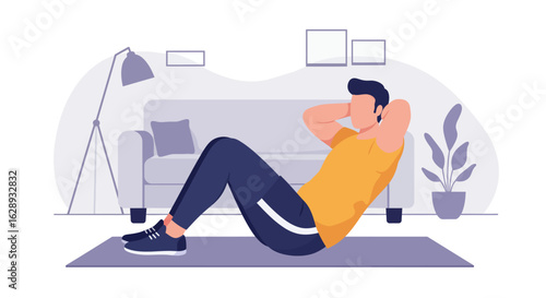 Man Doing Sit-Ups on a Mat, Wearing Yellow Shirt and Dark Blue Pants