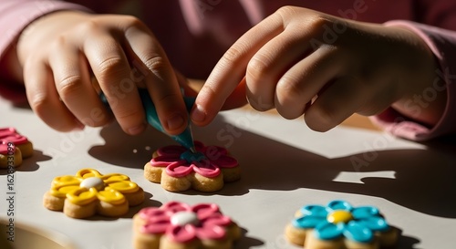 A child's hands carefully pipe colorful icing onto homemade flower-shaped cookies.
