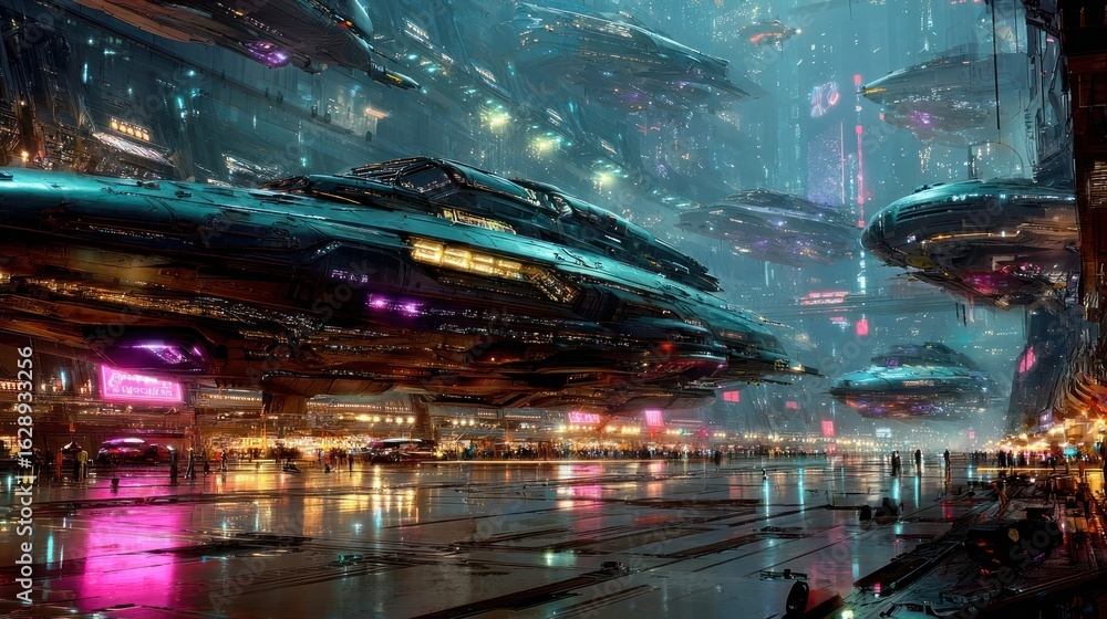 Obraz premium Futuristic cityscape with hovering vehicles. Night scene with neon lights reflecting on wet pavement