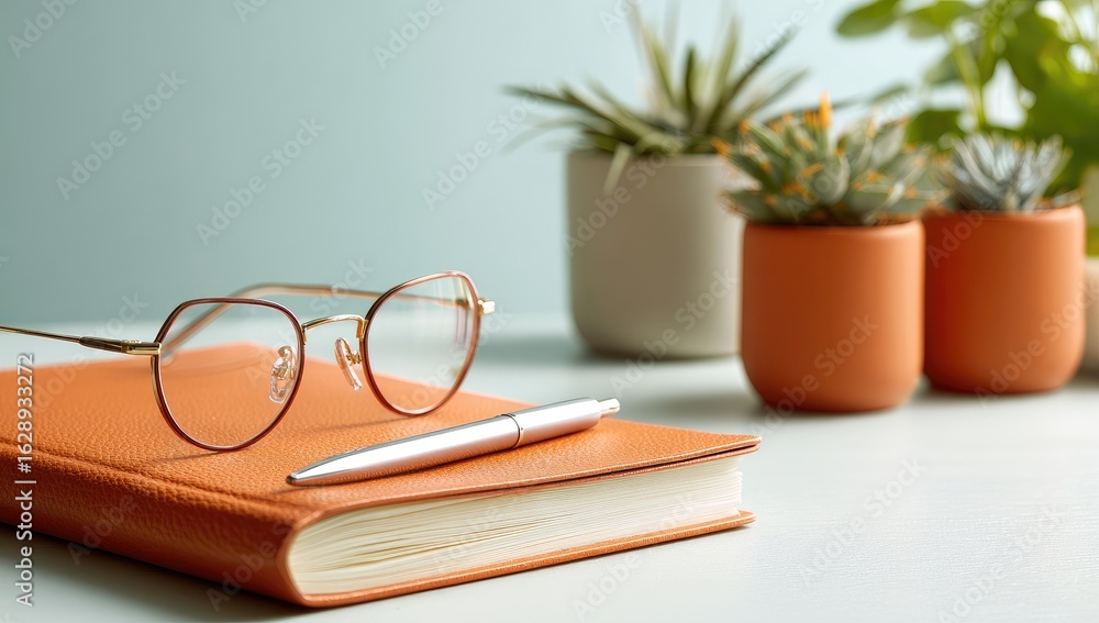 Naklejka premium Orange journal, glasses, and plants on light background