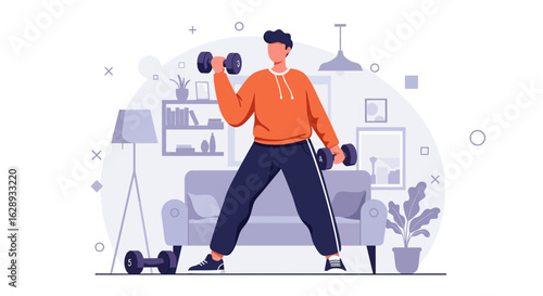 Man Lifting Dumbbells in Orange Hoodie, Exercising Indoors, Vector Illustration.
