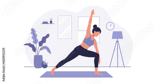 Woman in Yoga Pose: Warrior II Variation, Wearing Sportswear, on Yoga Mat