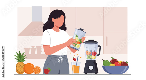 Woman Preparing Fruit Smoothie with Blender, Pineapple, Orange, Apple, and Bowl