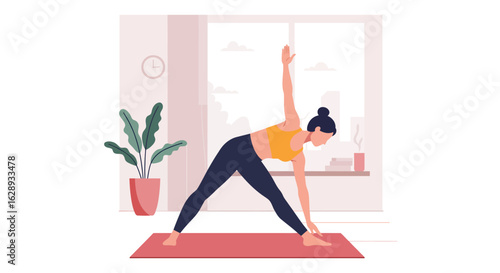 Woman in Yoga Pose with Arm Raised, Stretching on Red Mat