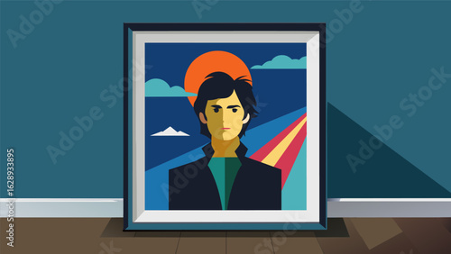A large framed poster of a classic album cover adorning one of the walls. Vector illustration