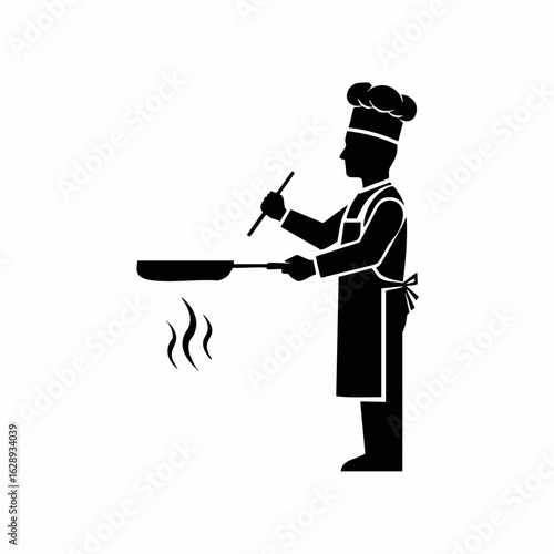 Chef Cooking with Frying Pan and Cooking Utensils for Culinary Blogs, Restaurant Menus, Cooking Classes, Kitchen Decor, and Food Preparation Guides  
