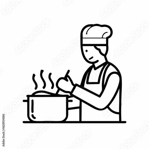 Chef Cooking in Pot with Steam and Spoon for Cooking Blogs, Recipe Websites, Culinary Education, Kitchenware Ads, and Food Enthusiast Content  