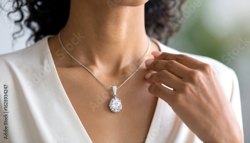 Woman wearing a diamond pendant necklace