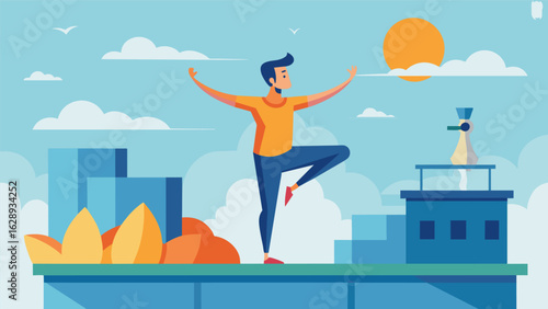 A man standing in a yoga pose on a hospital rooftop feeling the sun and wind on his skin as he connects with his body and finds inner peace in the.