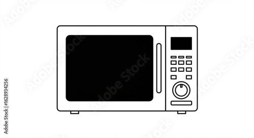 A simple line drawing of a microwave oven with a black door and control panel on the right side