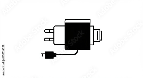 Illustration of a black and white phone charger with a usb cable and a plug adapter shown clearly