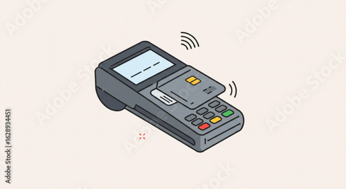 Illustration of a pos terminal with a credit card and wireless payment symbol on a light background