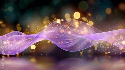 Abstract wave of purple light with shimmering golden bokeh, creating a mesmerizing visual effect, ideal for backgrounds or artistic design concepts in digital media